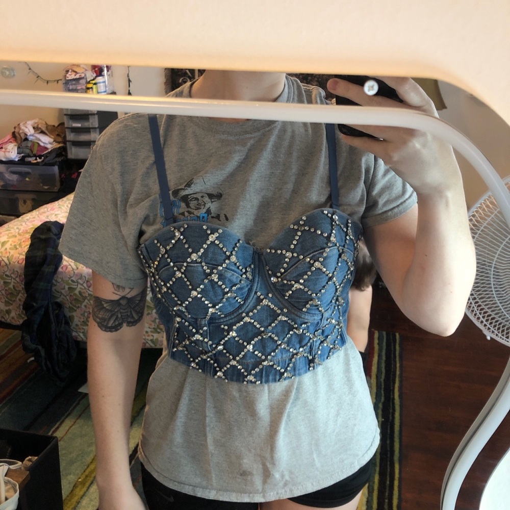 denim corset top with rhinestone studs and boning